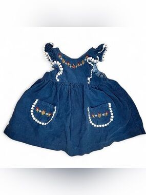 Bonnie Baby Light Blue Corduroy Dress with Floral Embroidery